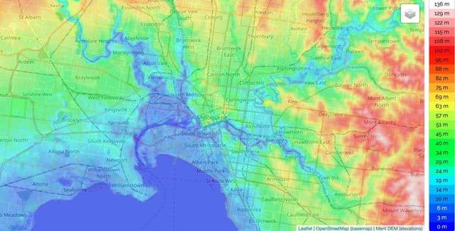 Melbourne elevation map